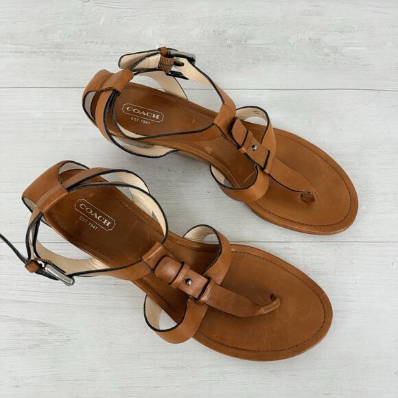 Coach Vivian Leather Thong Sandals Size 11 B Brown Strappy Low Wedge Classic - Picture 2 of 14